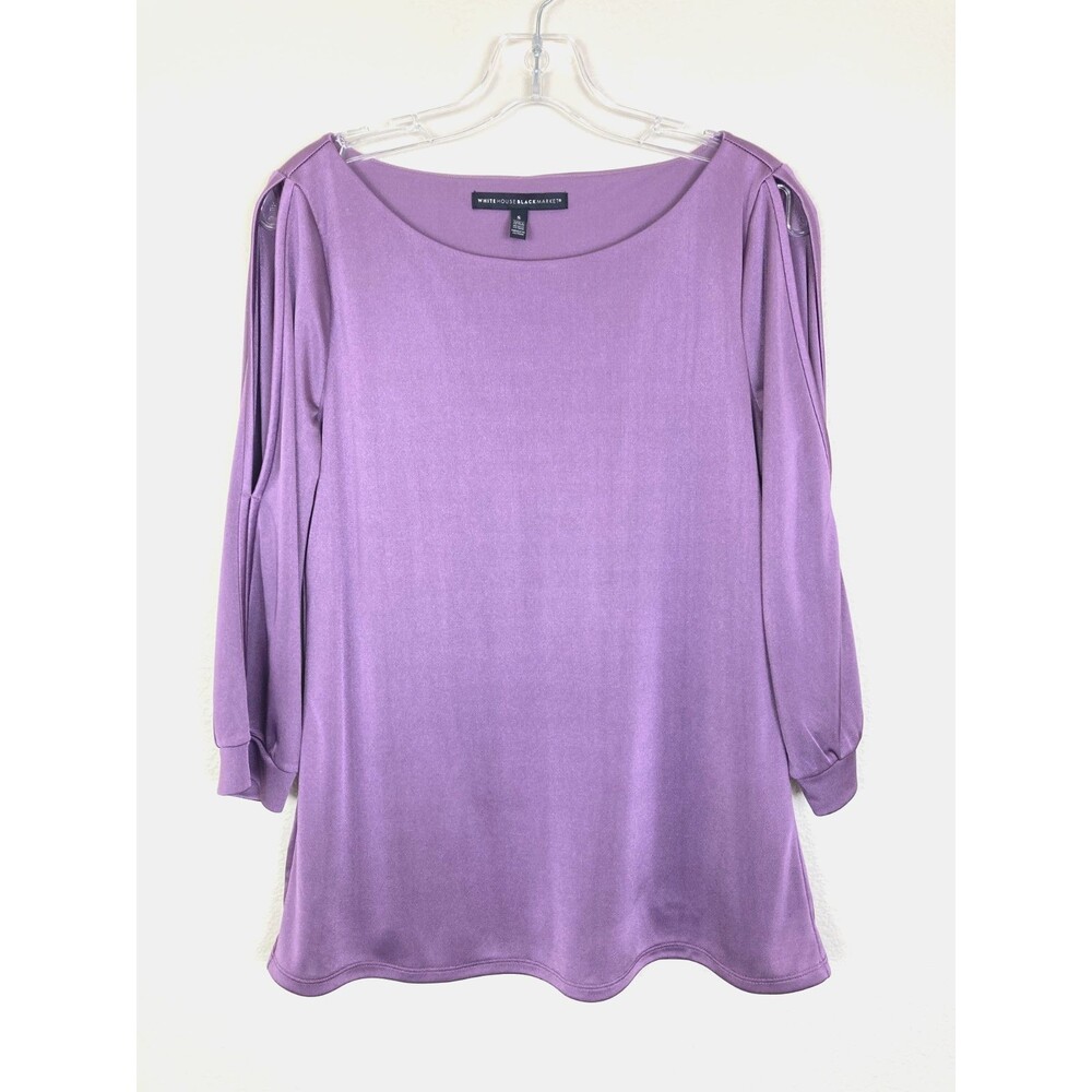 White House Black Market Glossy Jersey Blouse Size S Purple Sleeves with Slits